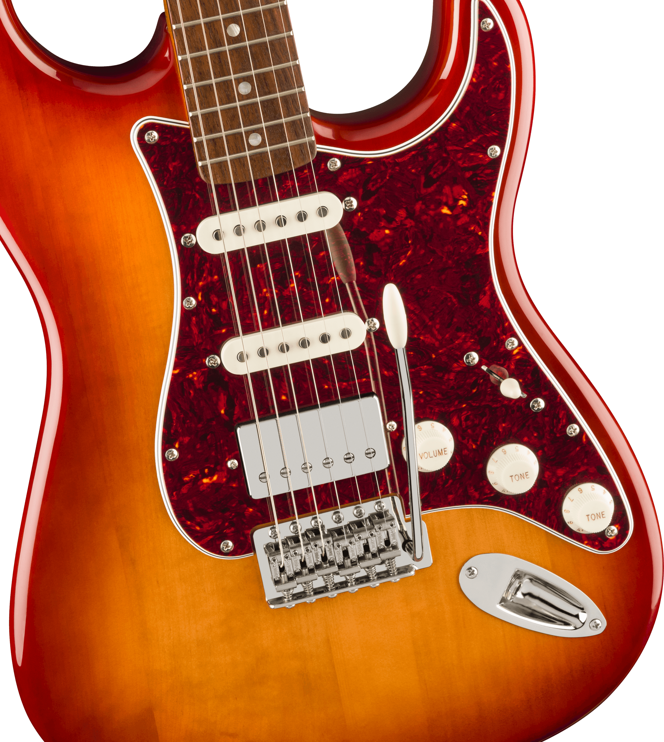 Sunburst electric guitar with a red tortoiseshell pickguard, three pickups, three white control knobs, chrome bridge, and white whammy bar.