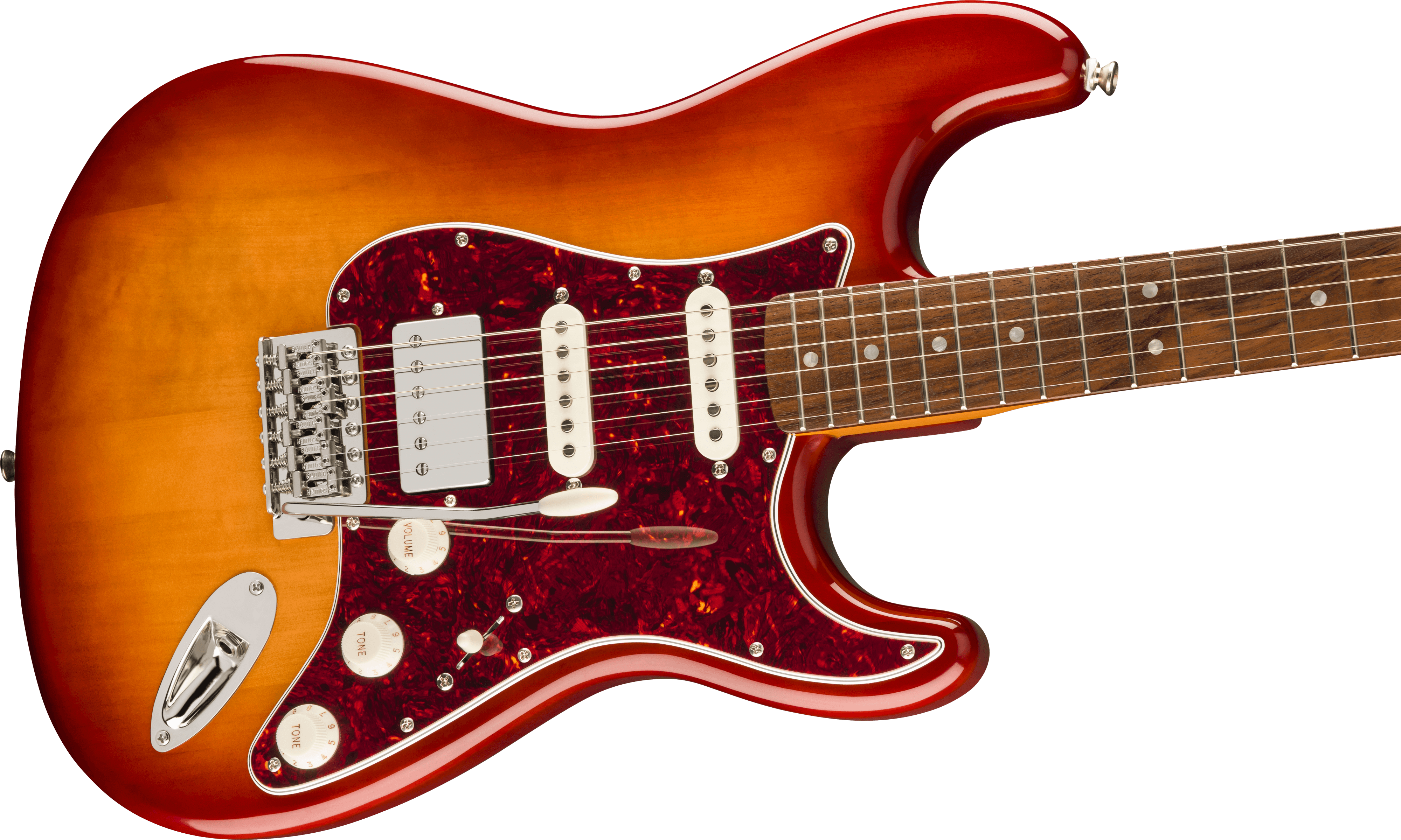 Sunburst electric guitar with a reddish pickguard, three white pickups, a whammy bar, and a rosewood fretboard with dot inlays.