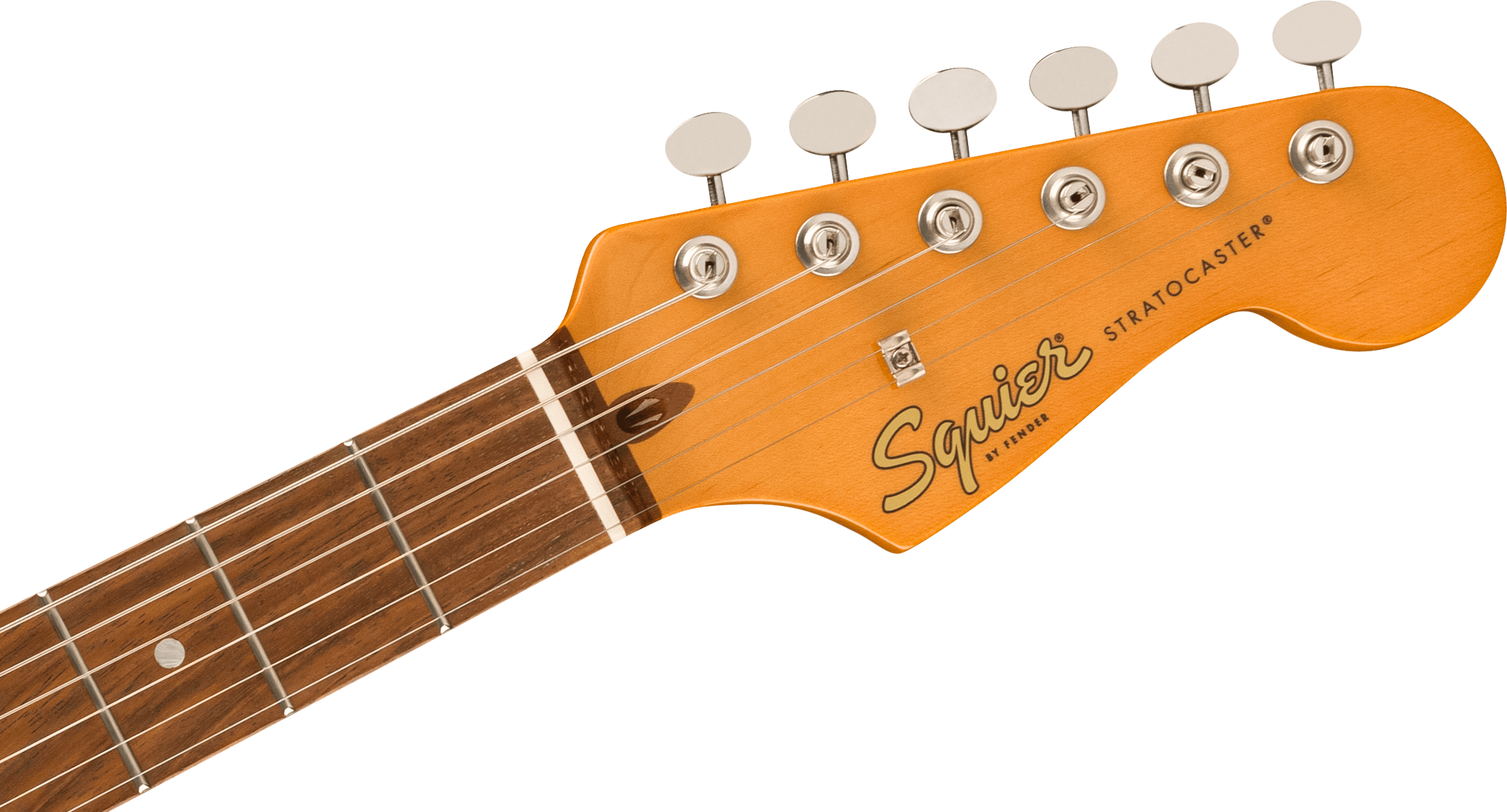 Light brown Squier Stratocaster electric guitar headstock with six silver tuning pegs and part of the rosewood fretboard visible.