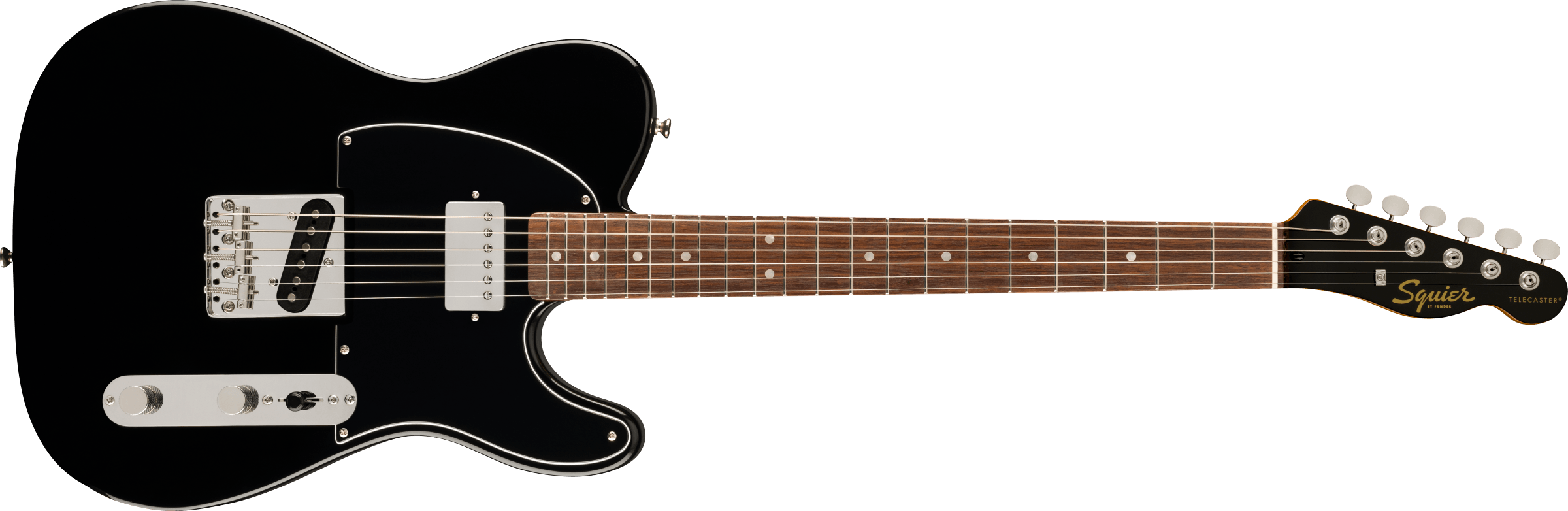 Black Squier Telecaster electric guitar with chrome hardware, two pickups, and a rosewood fretboard with dot inlays.