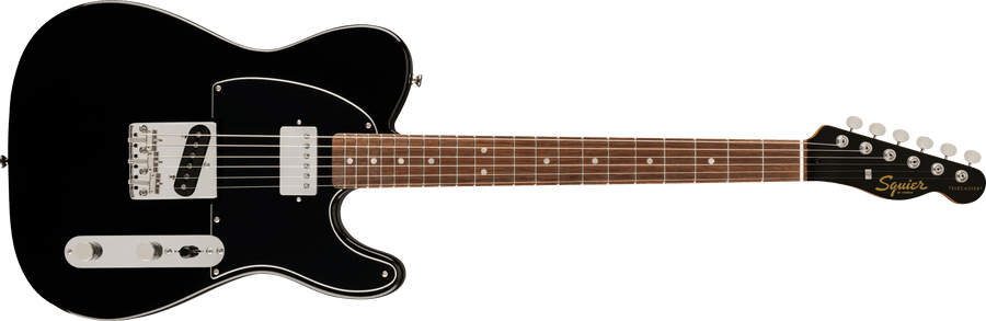 Black Squier Telecaster electric guitar with chrome hardware, two pickups, and a rosewood fretboard with dot inlays.