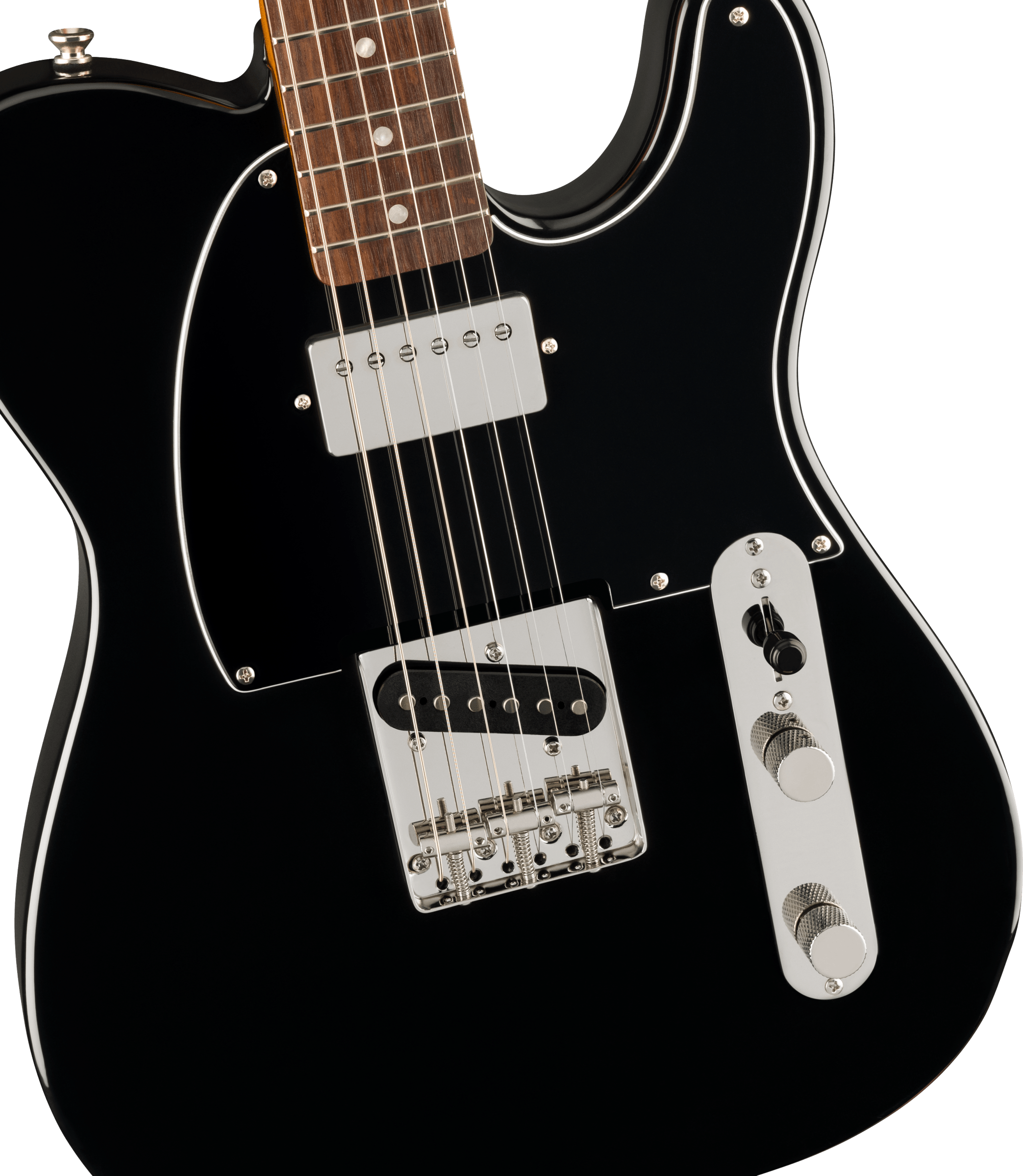 Black Squier electric guitar body with chrome hardware, two pickups, a control plate with two knobs, and a dark wood fretboard.