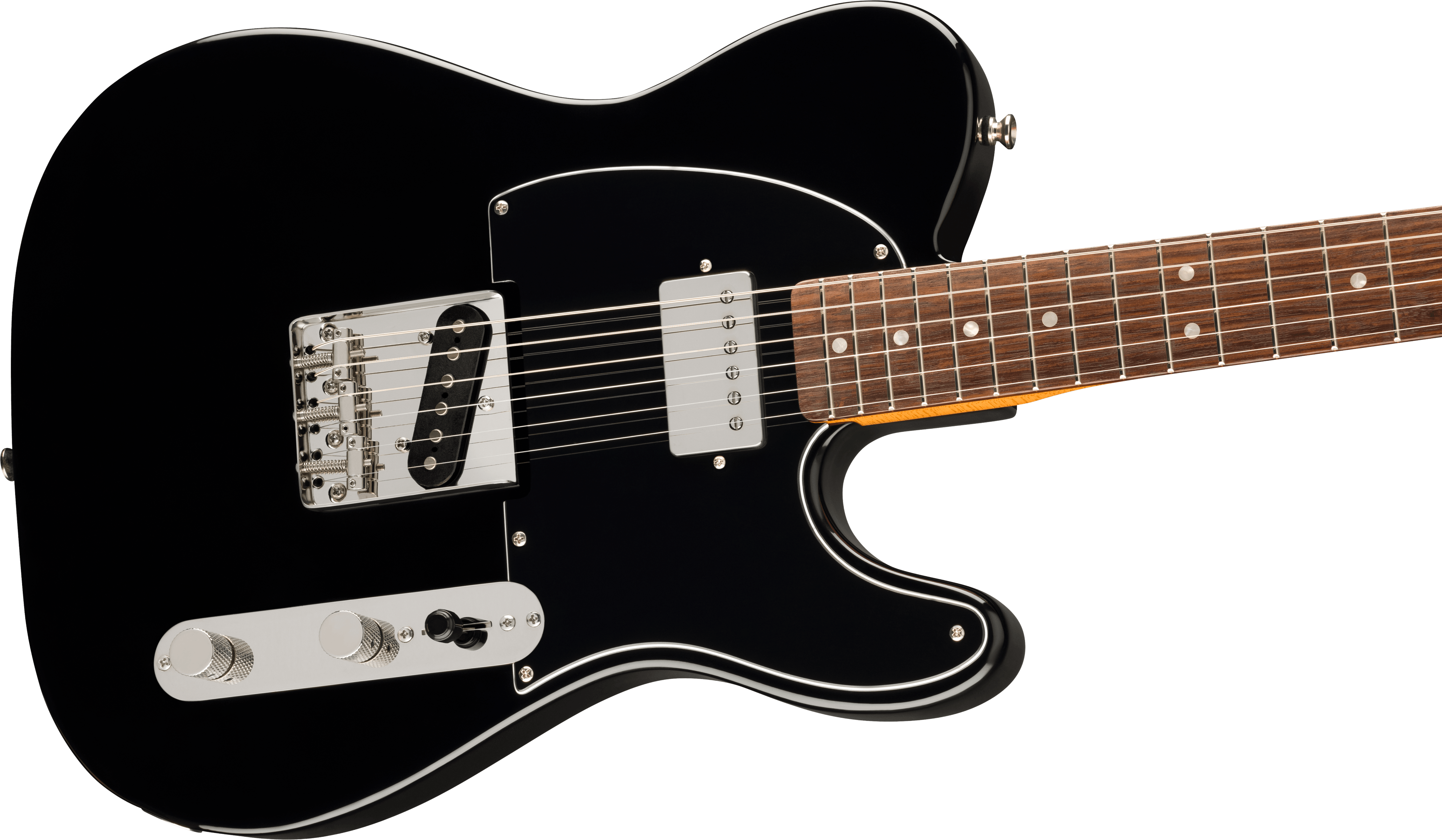 Black Squier electric guitar with a single cutaway, chrome hardware, two pickups, and a rosewood fretboard featuring white dot inlays.
