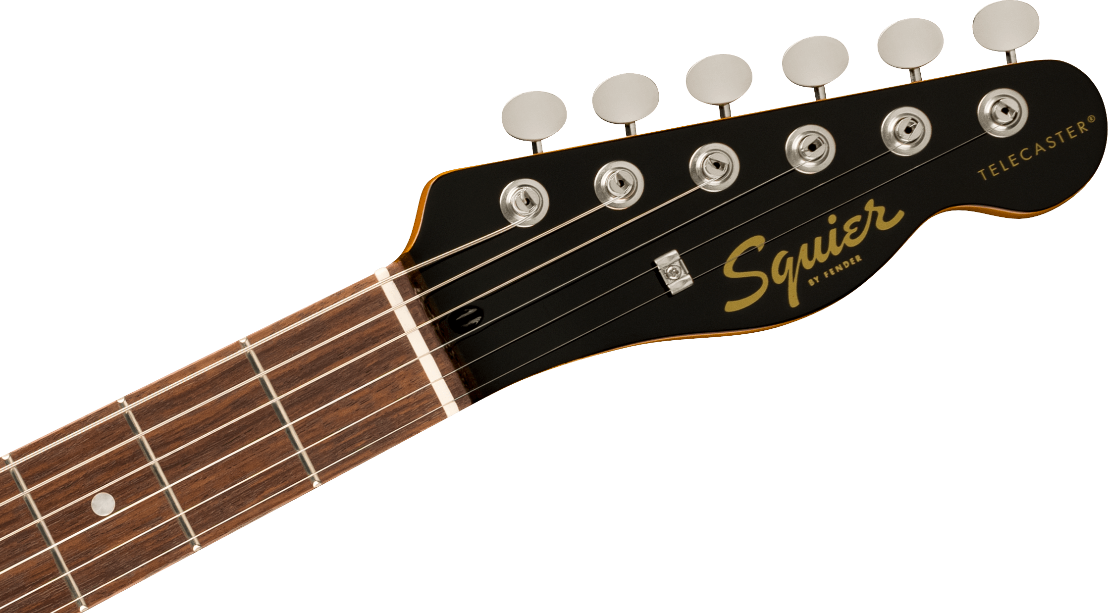 Six-string Squier Telecaster guitar headstock with chrome tuning pegs, black finish, and gold logo; rosewood fretboard partly visible.