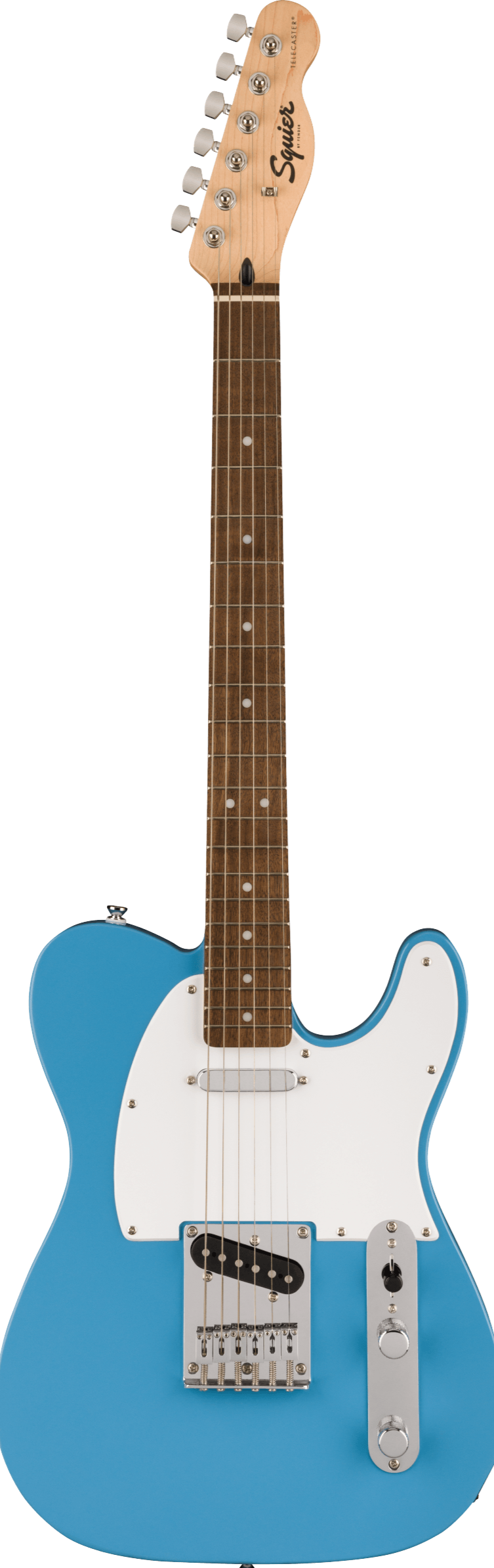 Bright blue Squier Telecaster electric guitar with a white pickguard, two control knobs, and a maple neck with dot inlays.