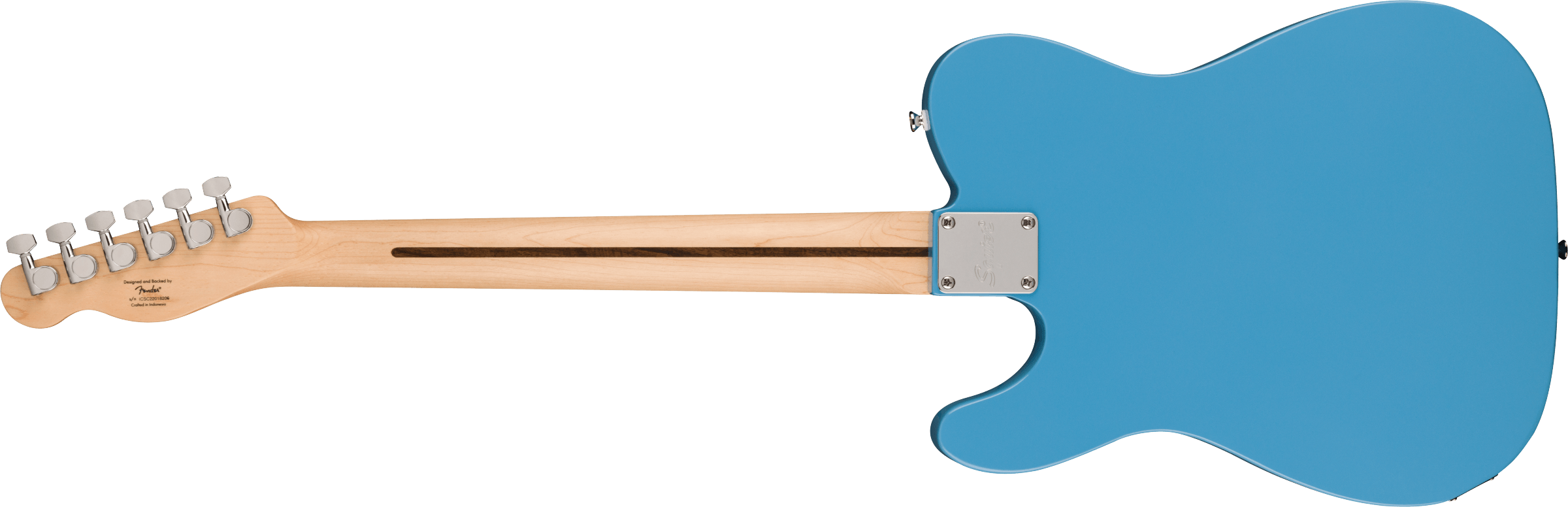 A blue electric guitar shown from the back, with a natural wood neck, six silver tuning pegs, and a metal neck plate.