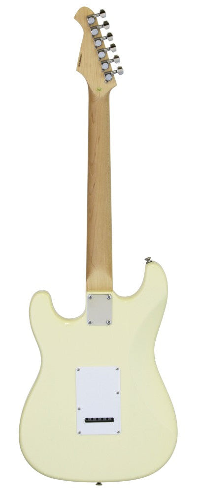 Cream-colored electric guitar viewed from the back, showing a light wood neck, metal tuning pegs, and two white back plates on the body.