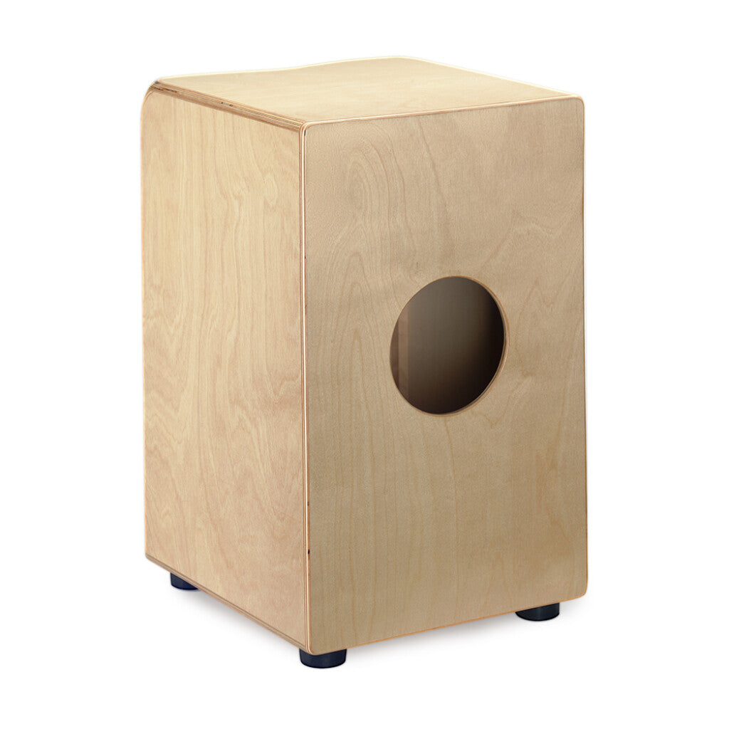 Light wood cajon drum with rounded edges, a circular sound hole on the back panel, and four small black feet at the bottom corners.