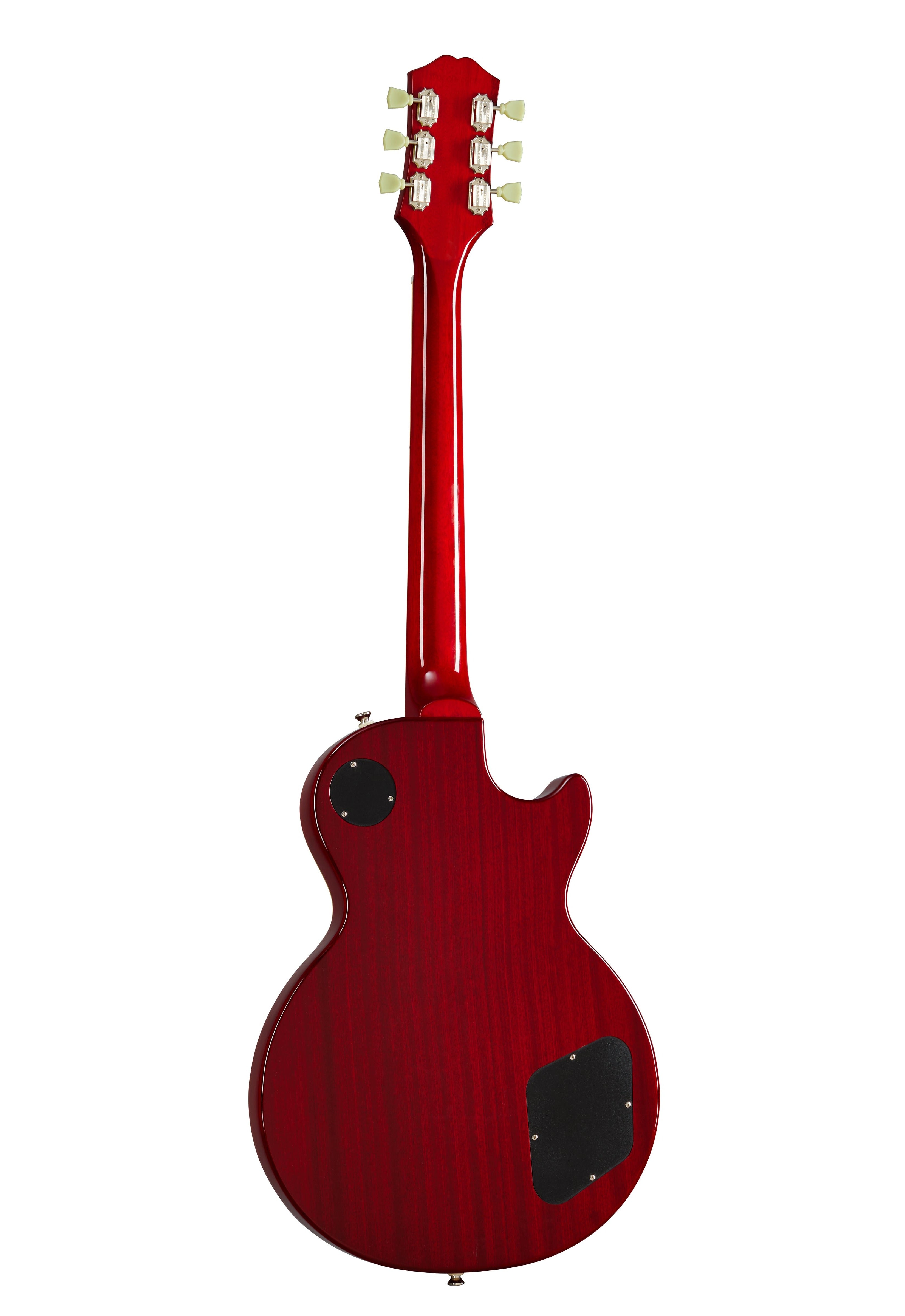 Rear view of a red electric guitar with a single cutaway, six tuning pegs, and two black plastic access panels on the back of the body.