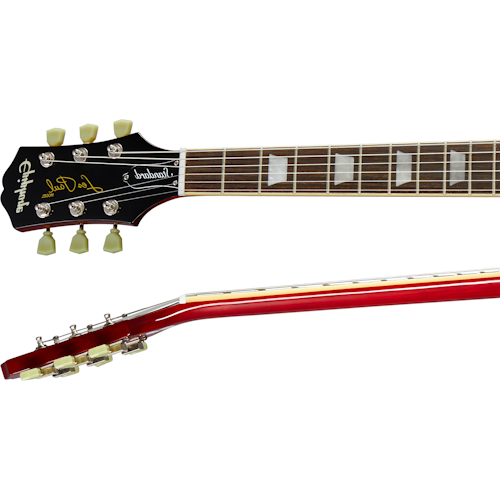 Epiphone electric guitar neck and headstock with cream tuners, rosewood fretboard, rectangular inlays, and red sunburst finish on the neck’s side.
