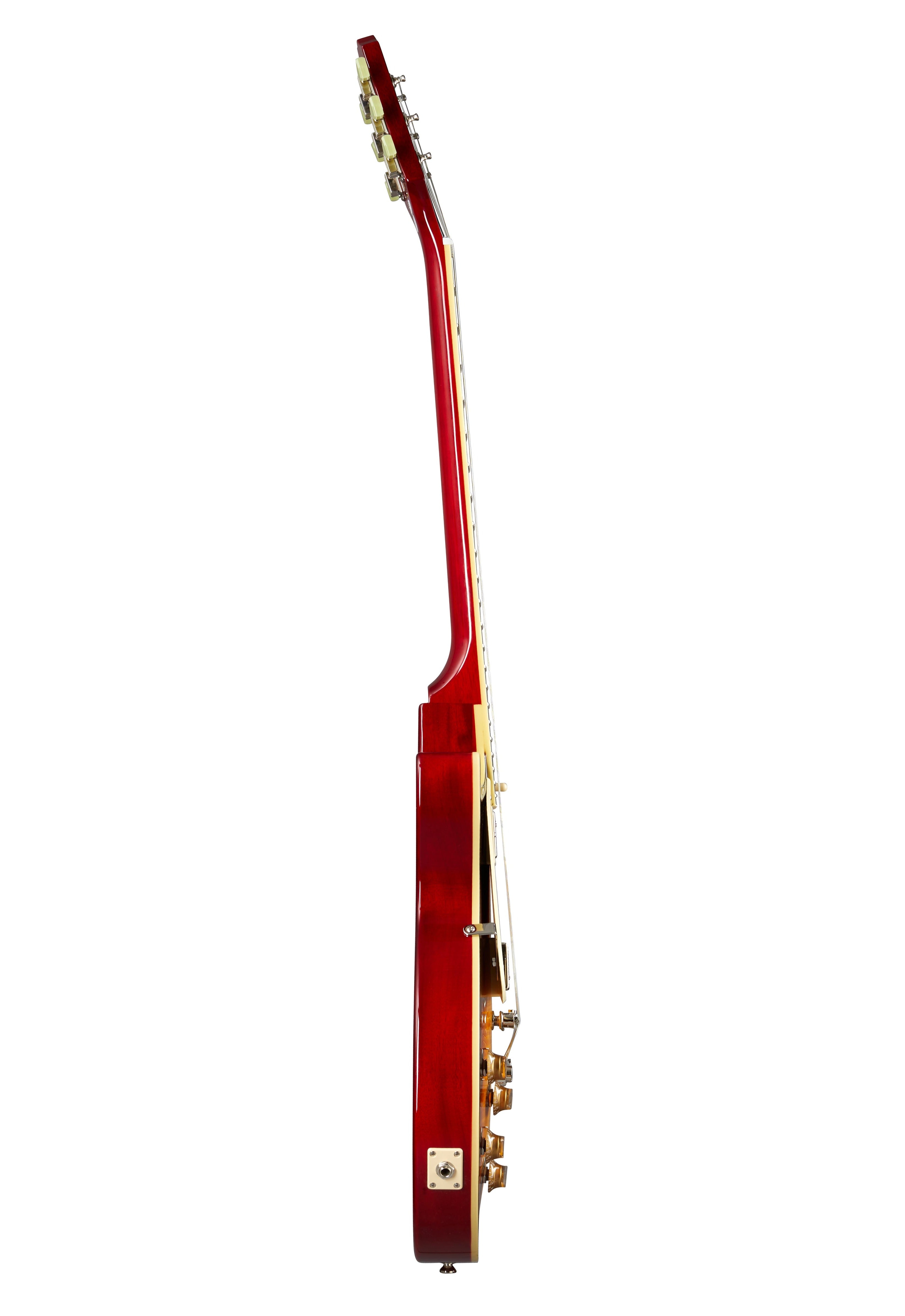 Electric guitar shown from the side, displaying a glossy red-brown body, cream edging, gold hardware, and visible control knobs on the lower half.