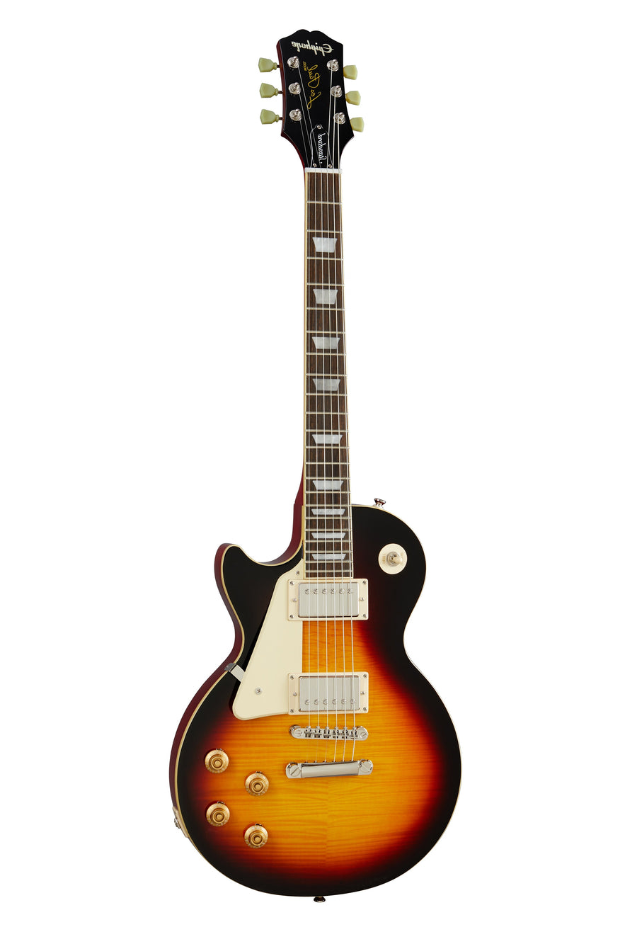 Sunburst electric guitar with a single cutaway body, cream pickguard, two pickups, four control knobs, and trapezoid inlays on the neck.