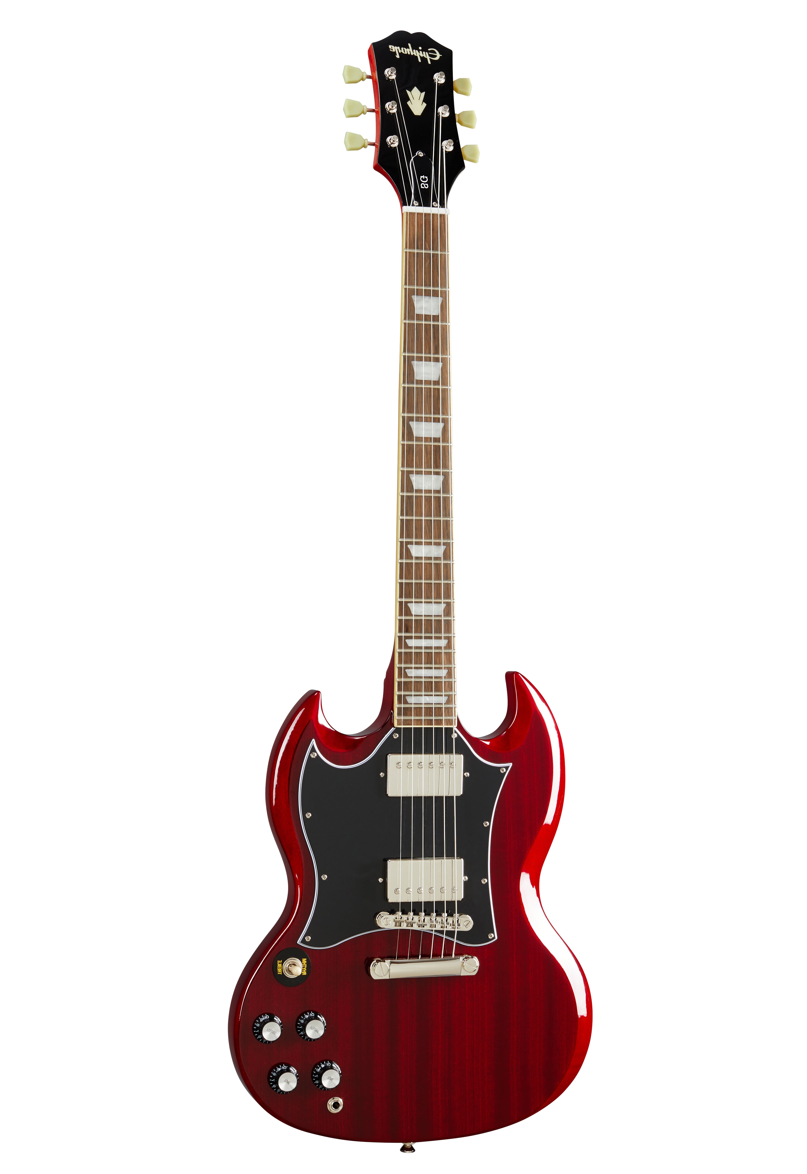 Red electric guitar with a double-cutaway body, black pickguard, two humbucker pickups, four control knobs, and a rosewood fretboard.