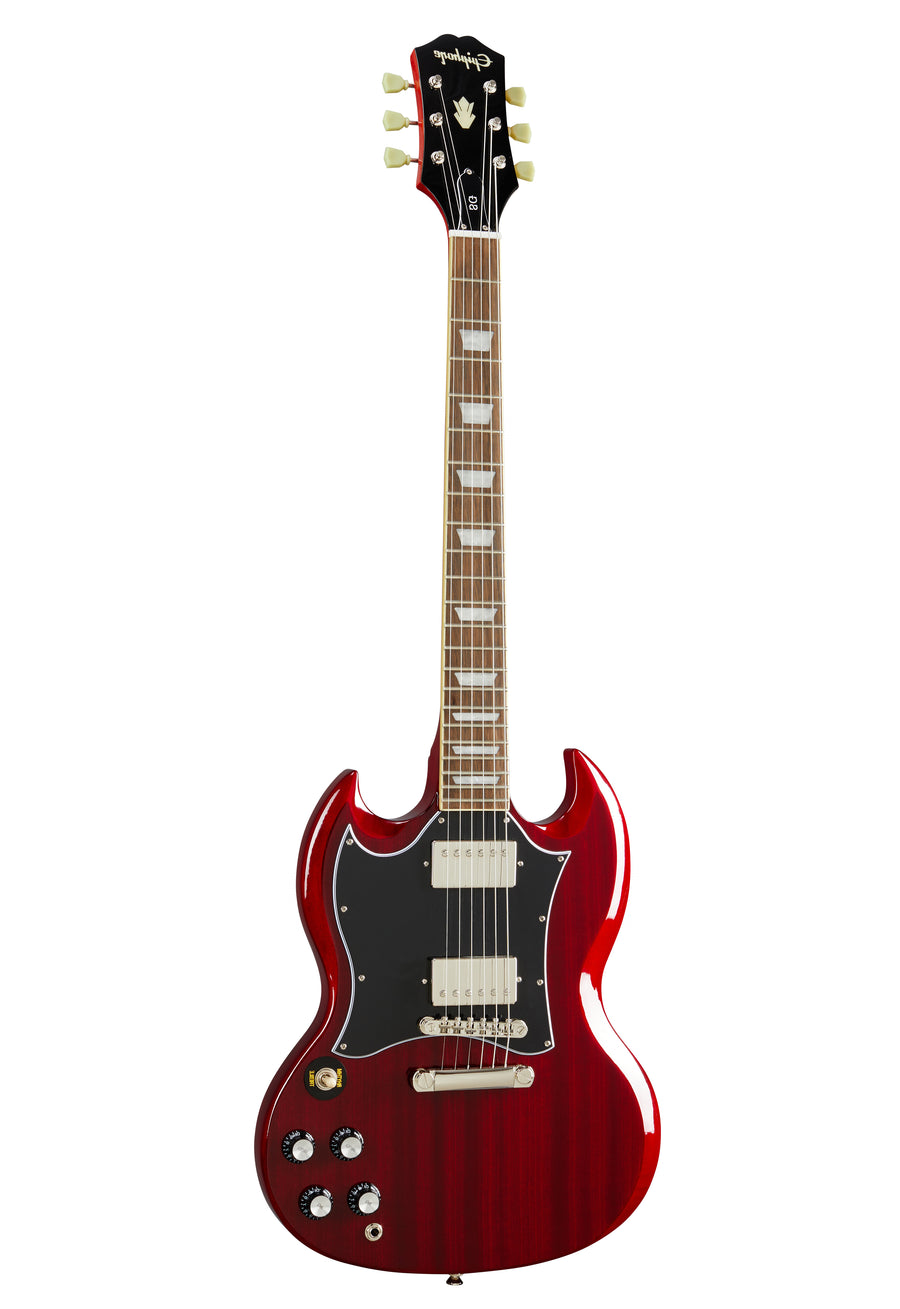 Red electric guitar with a double-cutaway body, black pickguard, two humbucker pickups, four control knobs, and a rosewood fretboard.