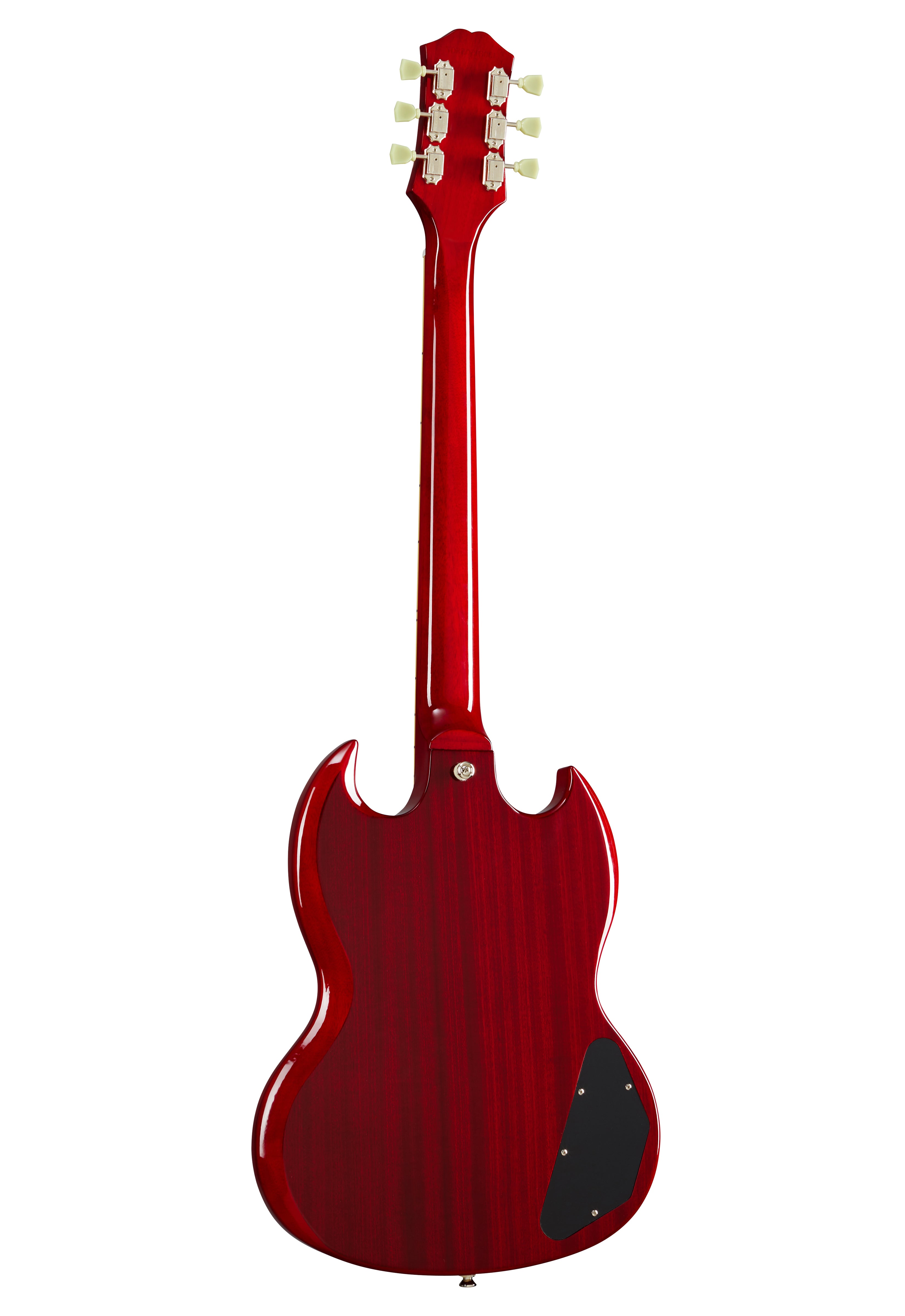 Red electric guitar shown from the back, featuring a double-cutaway body, six tuning pegs, and a black electronics cover near the lower edge.