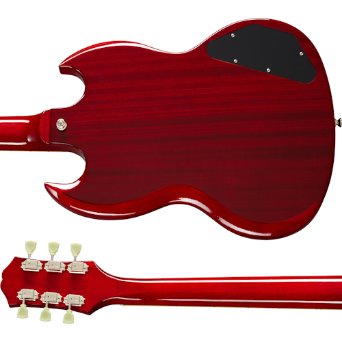Glossy cherry red electric guitar shown from the back, with cream tuners, a black electronics cover plate, and contoured double cutaways.