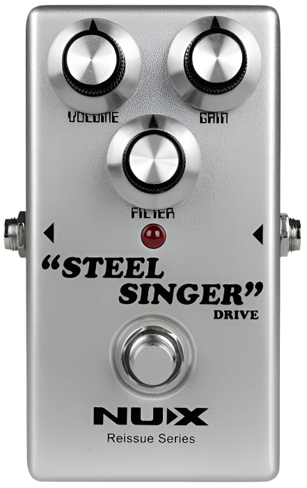 Silver FX pedal with three knobs labeled Volume, Gain, and Filter, footswitch, red LED, and text reading "Steel Singer Drive" and "NUX Reissue Series."