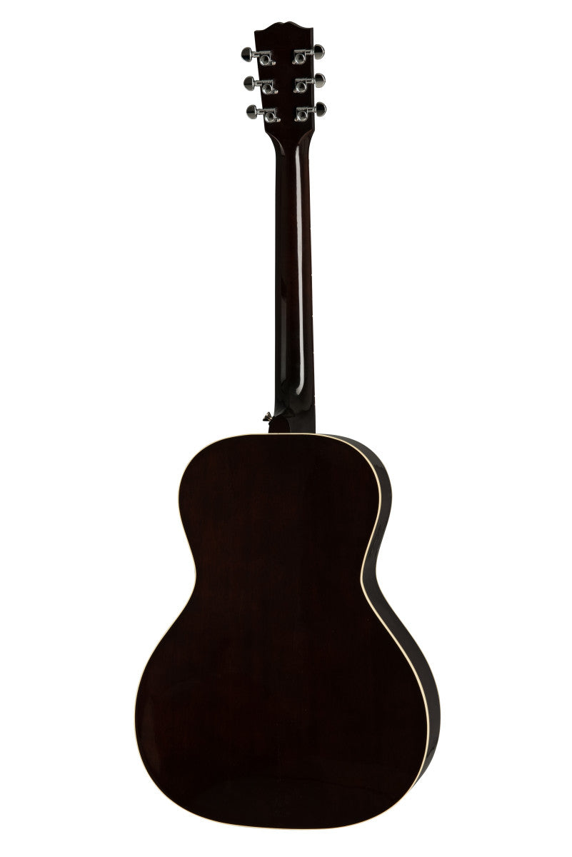 Dark brown acoustic guitar shown from the back, featuring a glossy finish and cream-colored trim along the edges.