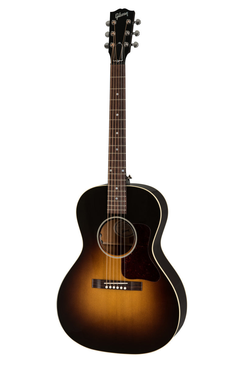 Gibson acoustic guitar with a sunburst finish, six strings, rounded body, pickguard, and white trim outlining the body edges.