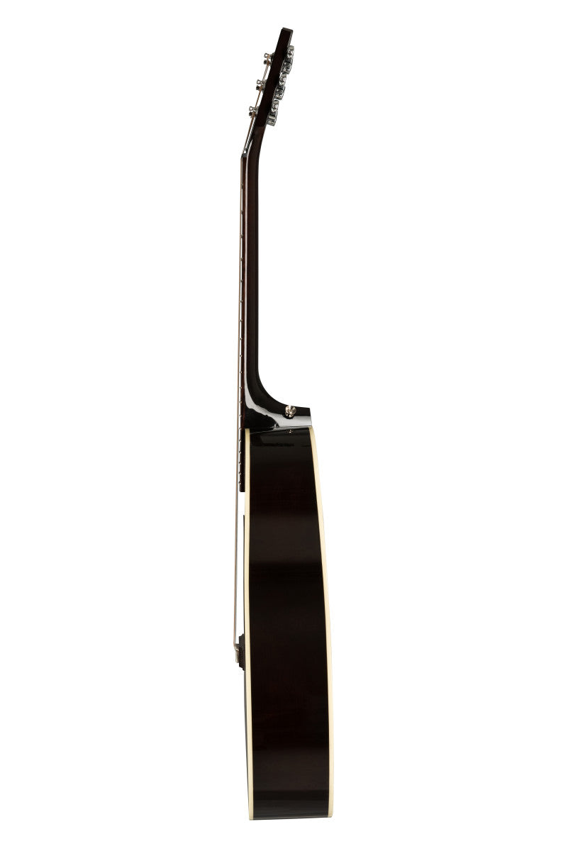 Acoustic guitar shown from the side, revealing a dark glossy body, cream edges, and visible tuning pegs on the headstock.