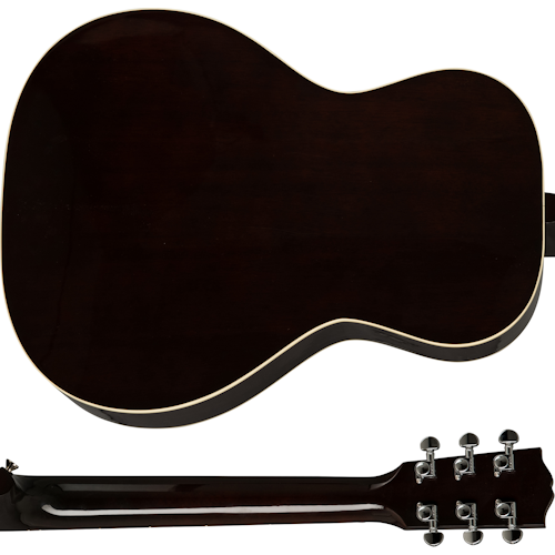 Dark brown acoustic guitar shown from the back, with cream-colored edging and six chrome tuning pegs visible on the headstock.