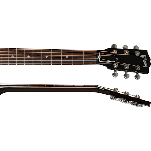 Gibson acoustic guitar neck and headstock, six tuning pegs, rosewood fretboard with dot inlays, strings attached. Side and top views shown.
