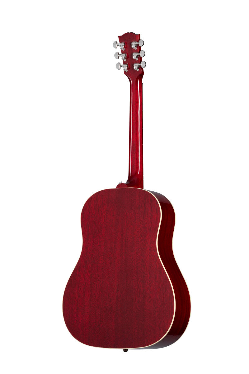 Red acoustic guitar shown from the back, displaying a glossy finish and cream binding along the edges, with six silver tuning pegs on the headstock.
