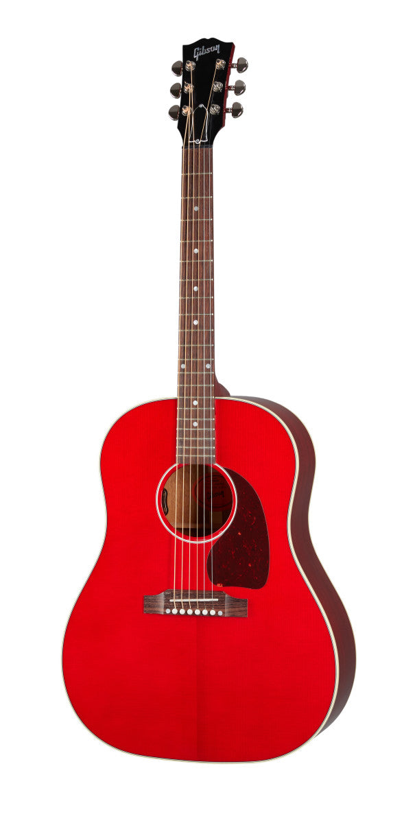 Bright red acoustic guitar with a dark pickguard, six strings, dot inlays on a wooden fretboard, and a black headstock labeled Gibson.