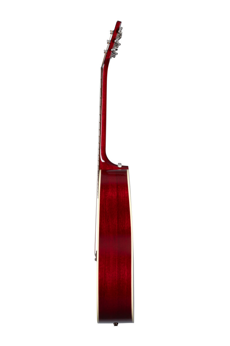 Side view of an acoustic guitar showing a glossy dark red body, visible tuning pegs, and cream-colored binding along the edges.