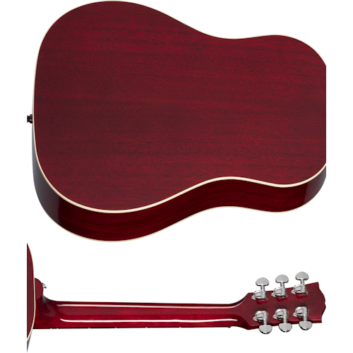 Deep red acoustic guitar viewed from the back and side, showing a smooth wooden finish, cream binding, and six chrome tuning pegs on the headstock.