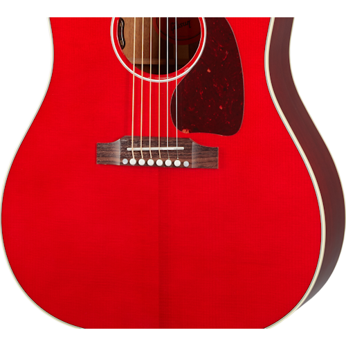 Bright red acoustic guitar body with a dark wood bridge, white pins, and a tortoiseshell-pattern pickguard.