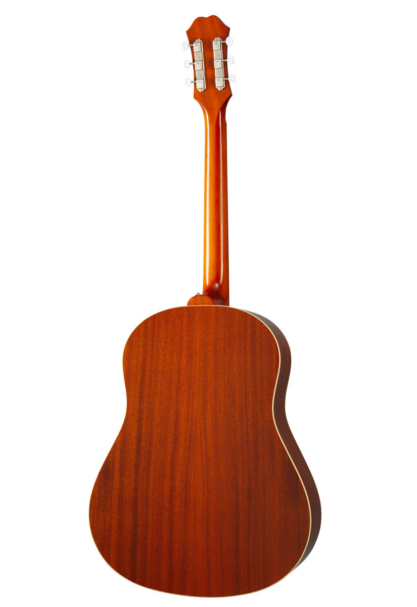 Rear view of an acoustic guitar showing smooth, glossy brown wood with light-colored edging and silver tuning pegs on the headstock.