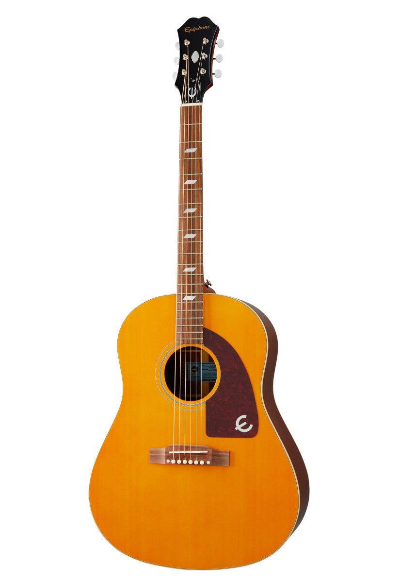 Epiphone acoustic guitar with a natural wood finish, tortoiseshell pickguard, six strings, and white tuning pegs on a black headstock.