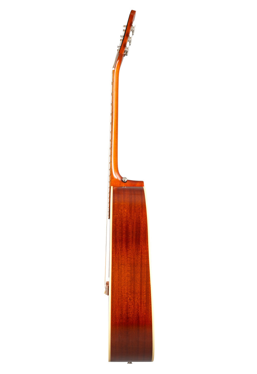 Side view of an acoustic guitar showing its wooden body, neck, and tuning pegs, highlighting the smooth brown finish and curved shape.