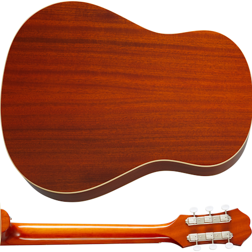 Back view of an acoustic guitar showing smooth, reddish-brown wood grain and part of the neck with silver tuning pegs and white knobs.