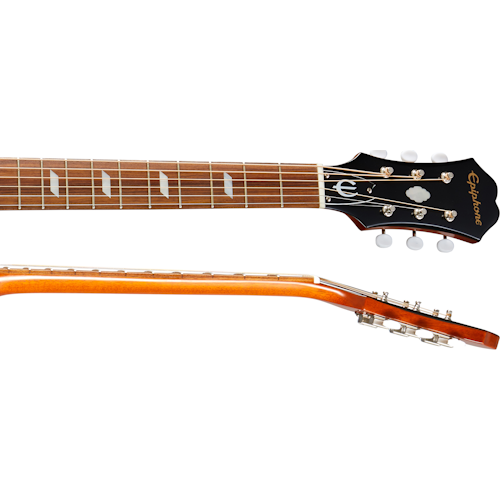 Epiphone acoustic guitar neck and headstock showing six tuning pegs, wood fretboard with inlays, and a glossy sunburst finish on the back of the neck.