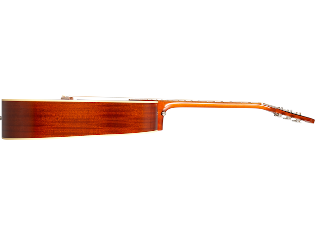 Side view of an acoustic guitar showing its wooden body, neck, and tuning pegs with a smooth, polished brown finish.