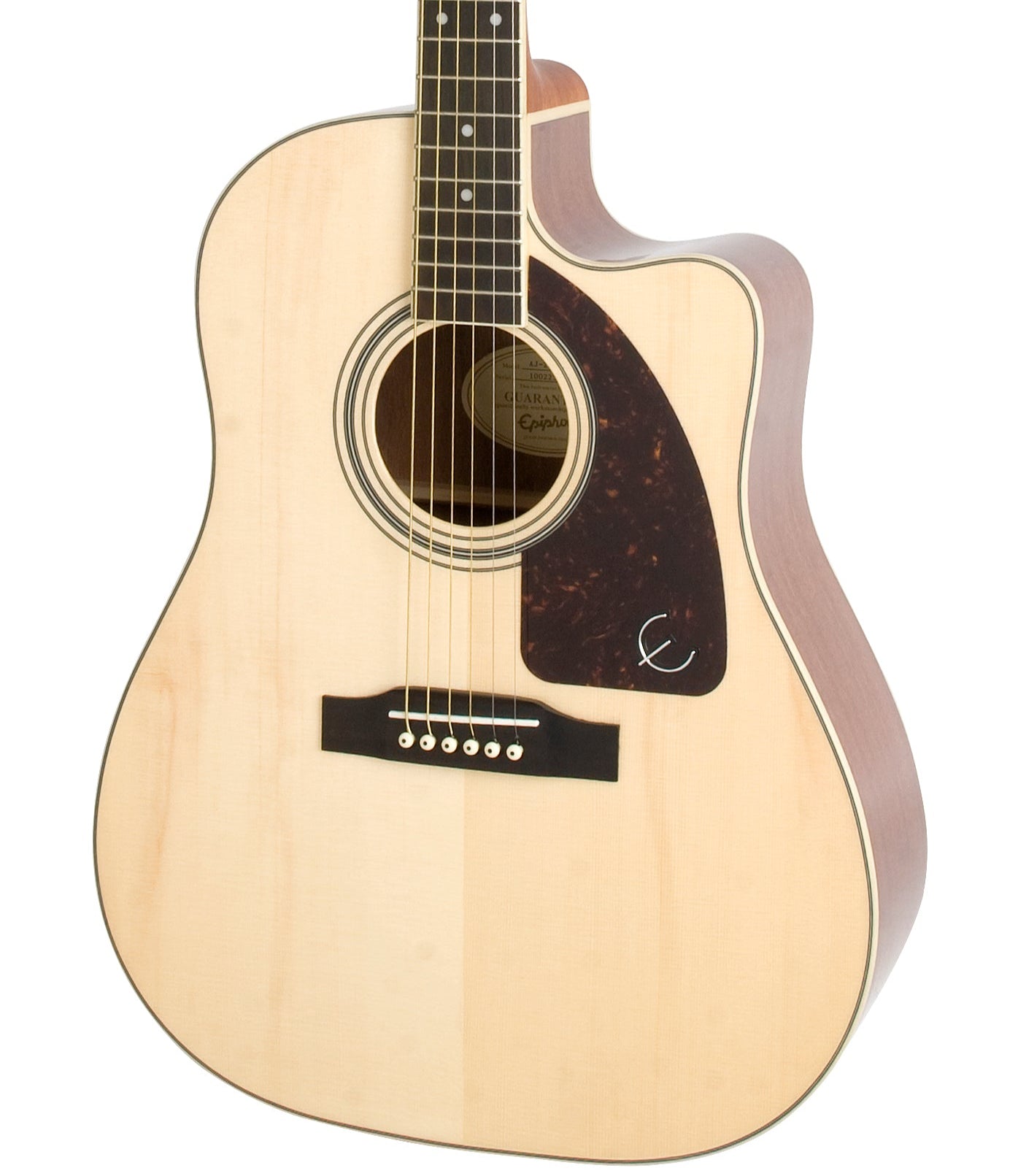 Natural wood electric guitar with a cutaway body, dark pickguard, six strings, and a circular sound hole showing an Epiphone label inside.