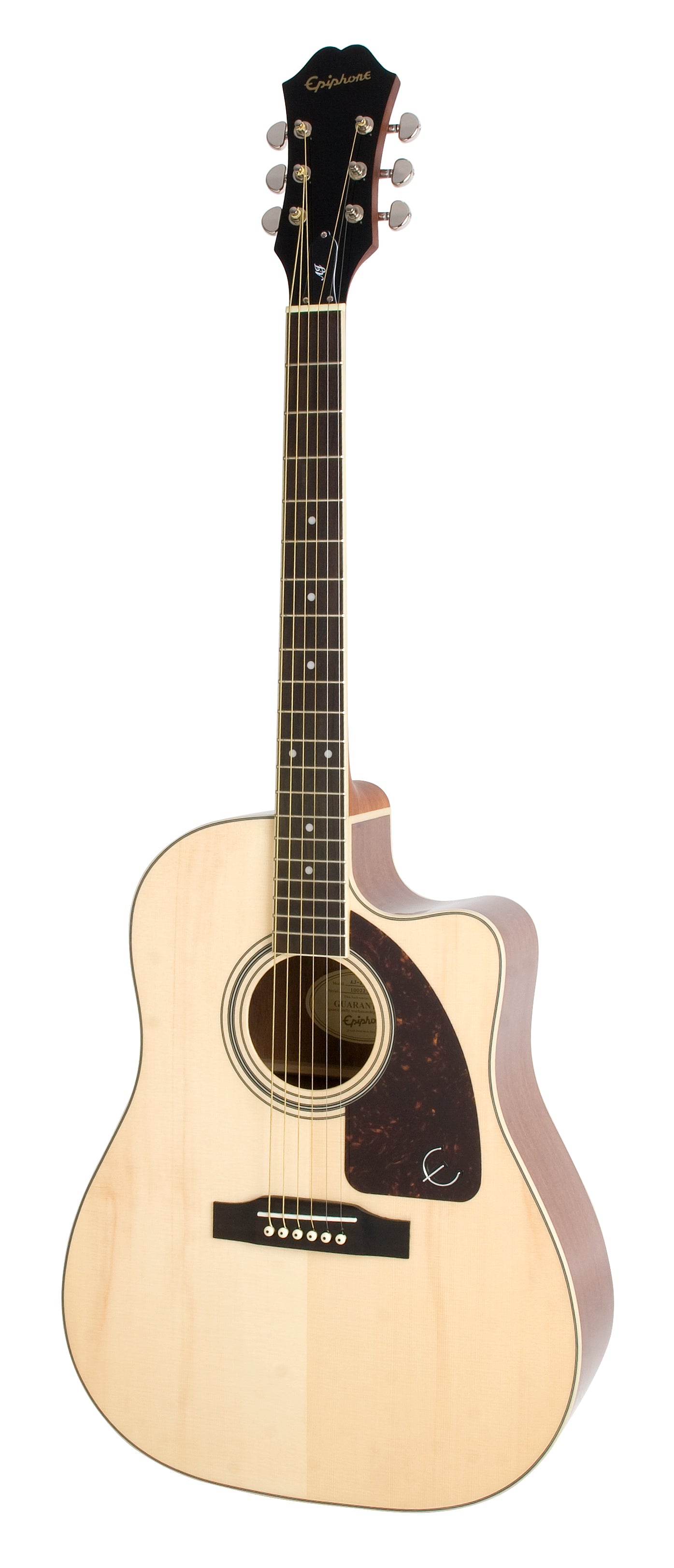 Epiphone electric guitar with a natural wood finish, dark pickguard, six strings, and cutaway body shape for easy access to higher frets.
