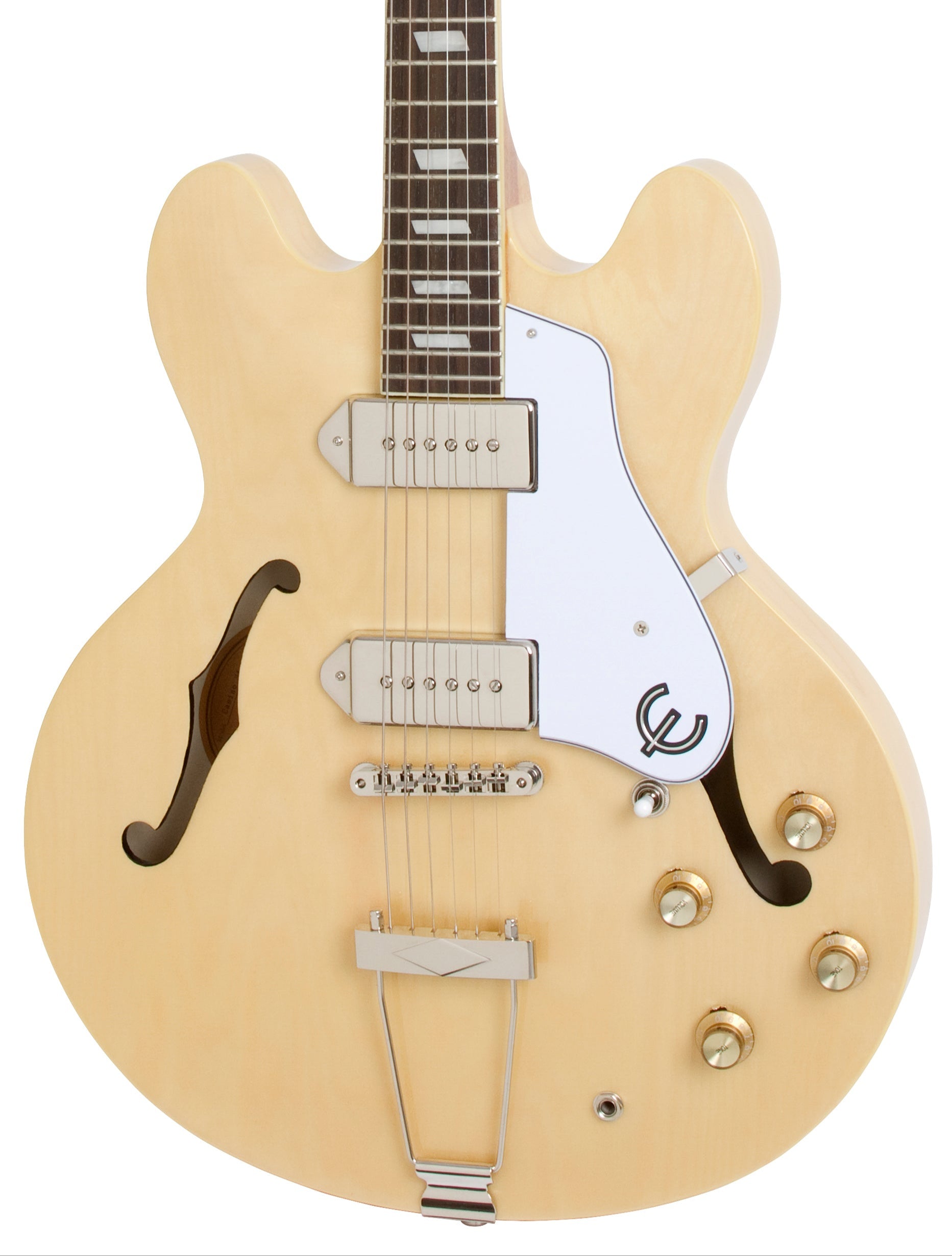Natural wood finish semi-hollow electric guitar with two pickups, white pickguard, gold control knobs, and f-shaped sound holes.