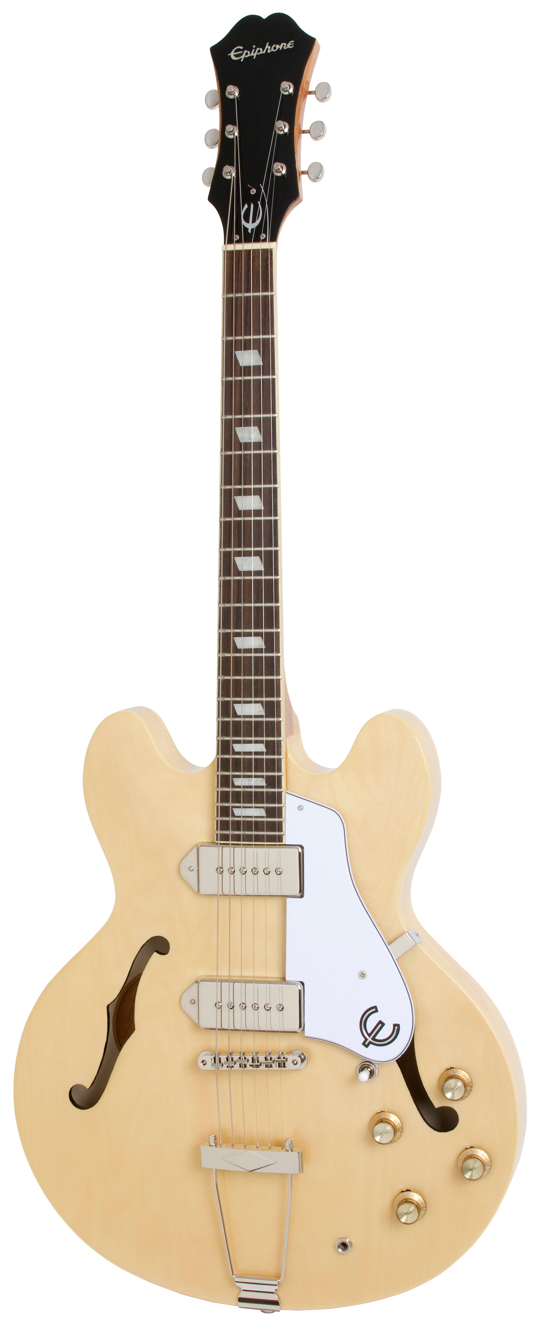 Natural wood finish semi-hollow electric guitar with two pickups, F-holes, four control knobs, white pickguard, and silver hardware.