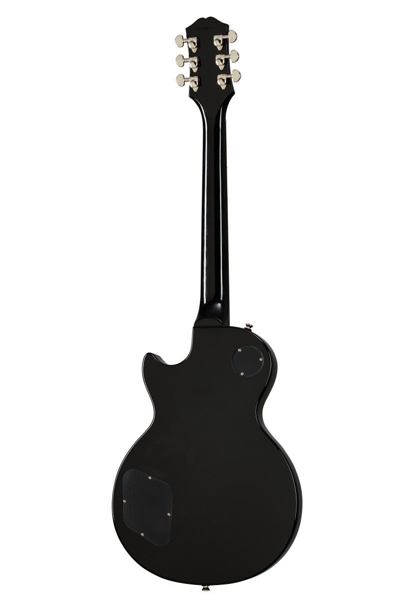 Black electric guitar shown from the back, featuring a single cutaway body, six tuning pegs, and two rear access panels.