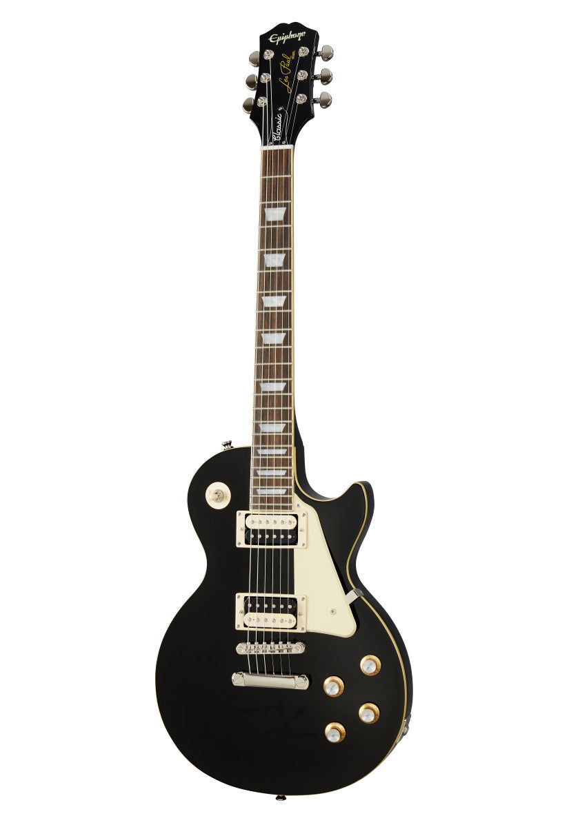 Black Epiphone Les Paul electric guitar with cream pickguard, two humbucker pickups, four control knobs, and trapezoid inlays on the fretboard.