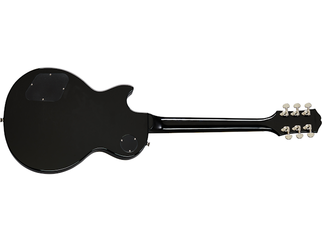 Rear view of a solid-body black electric guitar showing the back of the body, neck, and six tuning pegs on the headstock.