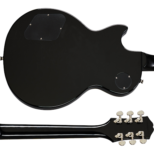 Glossy black electric guitar back view showing control cavity covers and six tuning pegs on the headstock.
