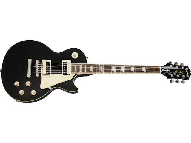 Black electric guitar with a single cutaway body, cream pickguard, four control knobs, two humbucker pickups, and block inlays on the fretboard.