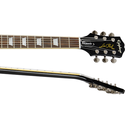 Electric guitar neck and headstock with pearl inlays, six tuning pegs, and "Les Paul" signature in yellow on the black headstock.