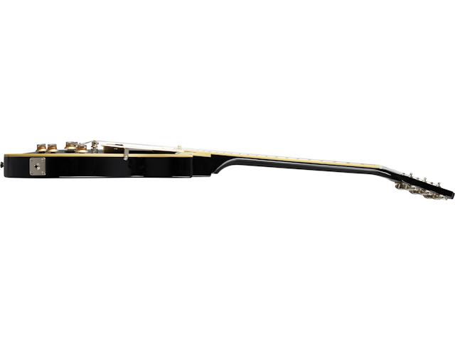 Black electric guitar shown from the side, highlighting its thin body, raised pickups, strings, and long neck with silver tuning pegs.