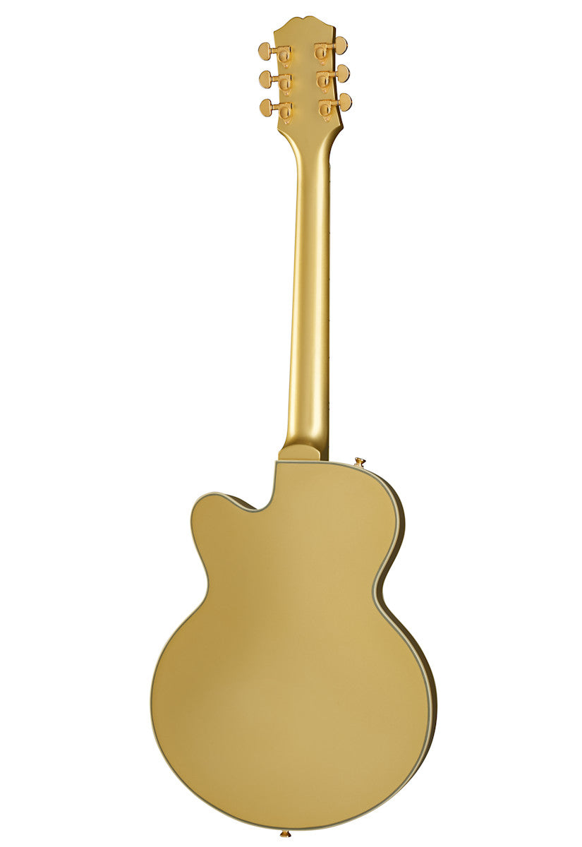 Gold electric guitar shown from the back, featuring a single cutaway body and six tuning pegs on the headstock.