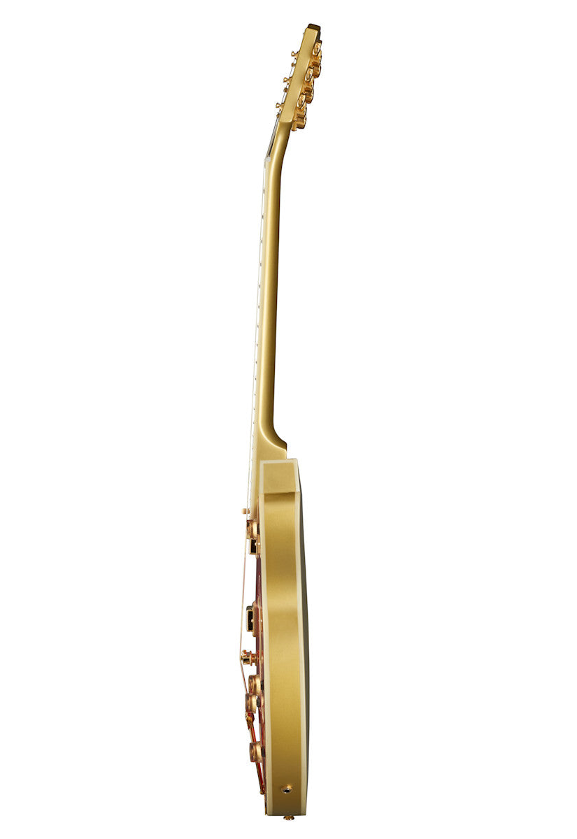 Electric guitar shown from the side, highlighting a gold finish, control knobs, a thin body, and tuning pegs on the headstock.